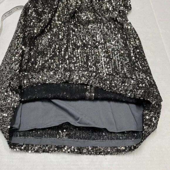 Halston Ranae Cocktail Dress Womens 0 Black Silver Sequin Sheath Blouson Drape